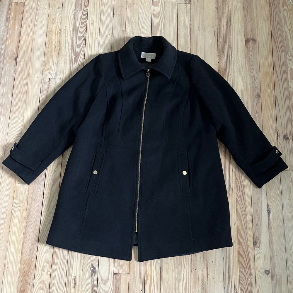 Michael Kors Wool Blend Zip Coat Womens 1X Black Gold Hardware Collared Lined